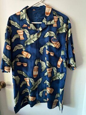 Tommy Bahama 100% silk shirt Large Leaves drums  Blue Florida Gator